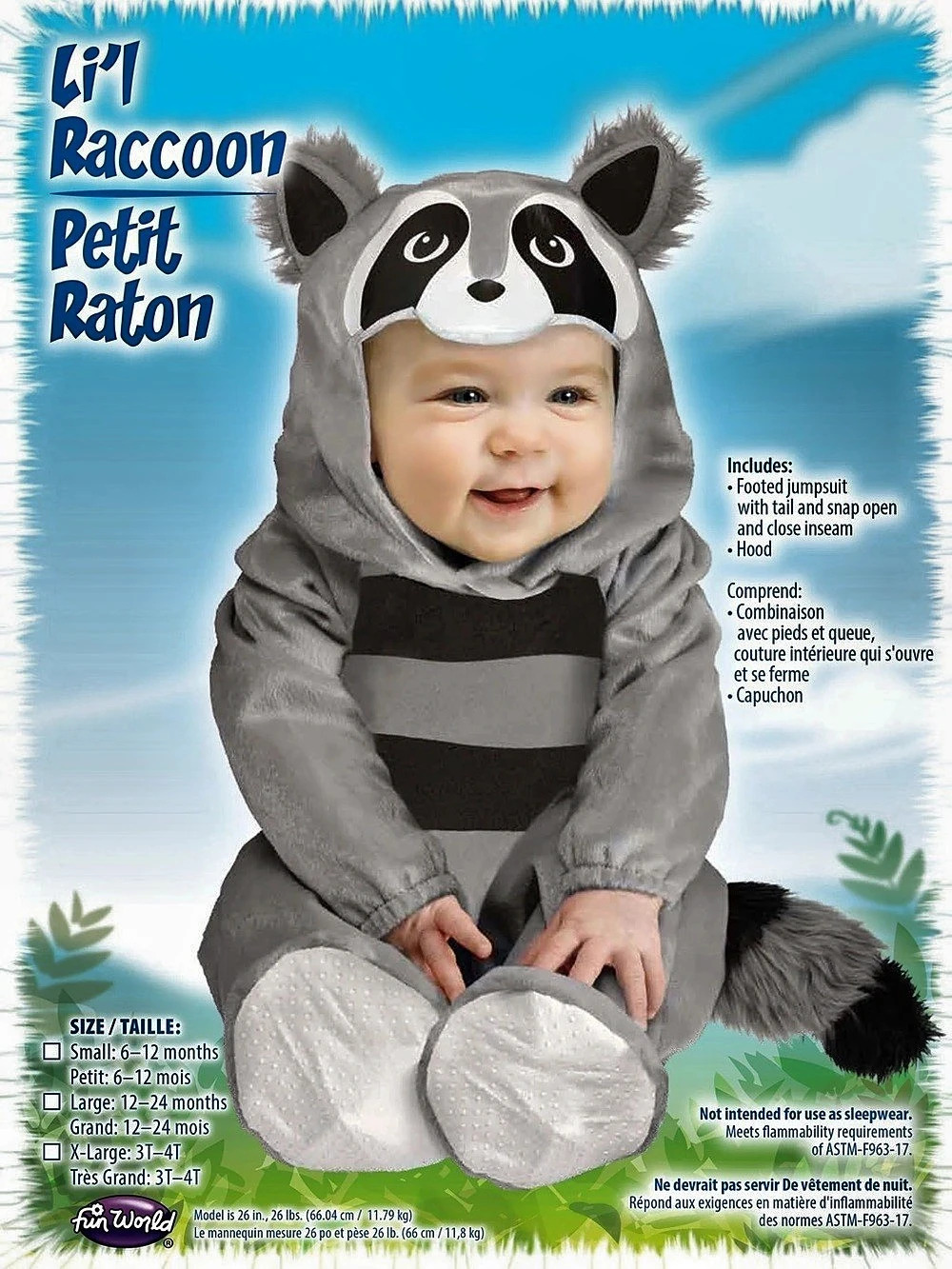 Fun World Li'l Raccoon Infant Costume Gray & Black Baby 6-12 Months